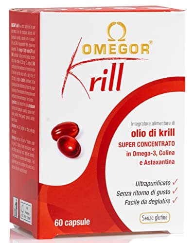 Omegor Krill - Complément alimentaire avec phospholipides, choline, Oméga-3 et astaxanthine à haute biodisponibilité - 260 mg d'EPA et DHA - Sans arrière-goût - Facile à avaler - 60 capsules