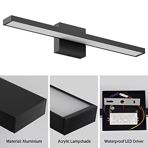 Klighten Lumière LED Miroir Salle de Bain 60cm, 20W 2000LM Applique Miroir Salle de Bains, IP44 Lampe Miroir Salle de Bain Moderne, 6000K Blanc Froid, 144 LEDs, 110-240V, Noir