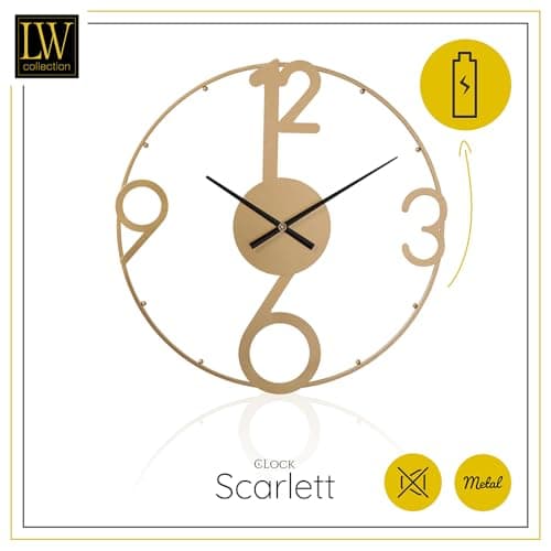 LW Collection Horloge Murale Scarlett Or 80 cm - Grande Horloge Murale Industrielle en Métal - Horloge Murale Moderne - Mouvement Silencieux - Horloge Silencieuse