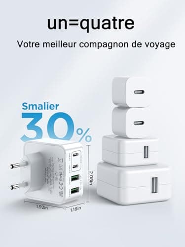 Chargeur USB C, 40W 4 Port Prise USBC Chargeur Rapide Multi Secteur Double Port PD+QC Type C Adaptateur pour Phone 16 15 14 13 12 11 Pro Max X XS XR 8 7 6S Plus Mini SE, iPad, Samsung Galaxy