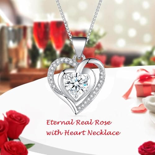 Daover Rose Eternelle avec Collier, Vraie Rose Préservée avec Collier en Forme Coeur, Collier Femme boîte de Roses, Idee Cadeau Femme Original Utile pour Anniversaire Maman, Noel, Saint Valentin