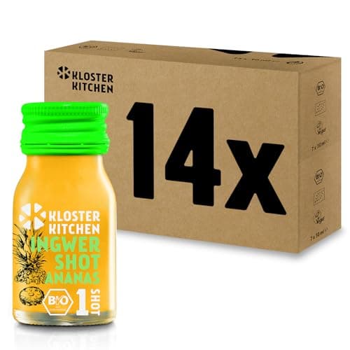 Kloster Kitchen Lot de 14 shots de gingembre bio - 1SHOT - 14 x 30 ml - Avec véritables morceaux de gingembre - Végétalien dans une bouteille en verre à emporter - Doux et épicé - Sans additifs et