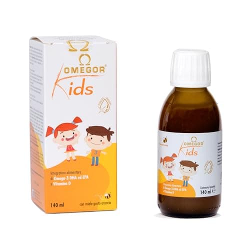 OMEGOR® Kids avec oméga-3 végétal DHA pour enfants 250 mg de DHA et 125 mg d'EPA à partir d'huile d'algue | Miel et jus de fruits | Avec de la vitamine D3 | Bouteille de 150 ml avec cuillère.