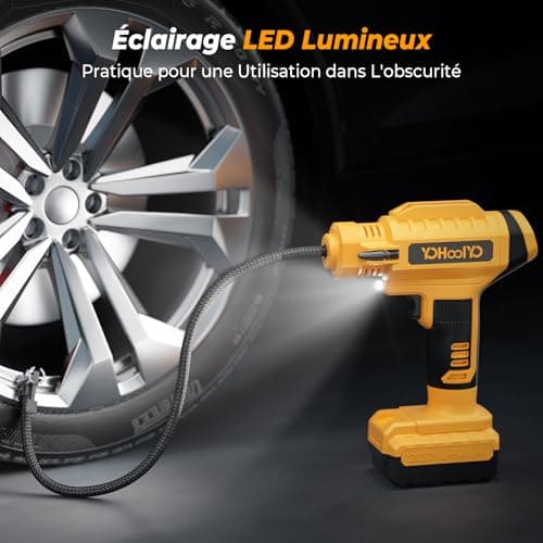 YOHOOLYO Compresseur à Air Portatif Compresseur Voiture 150PSI Gonfleur Pneus Voiture Arrête Automatique avec Ecran LCD Lumière LED Type-C Câble 4 Buses pour Voiture Moto Vélo Balle