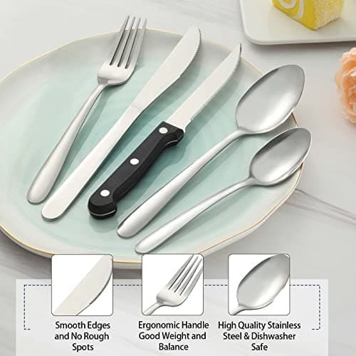 Pleafind couverts avec couteau a steak, 30 pièces couverts de table pour 6 personnes, couvert en argent comprenant cuillère, couteau, fourchette, set couverts de table inox, lave-vaisselle