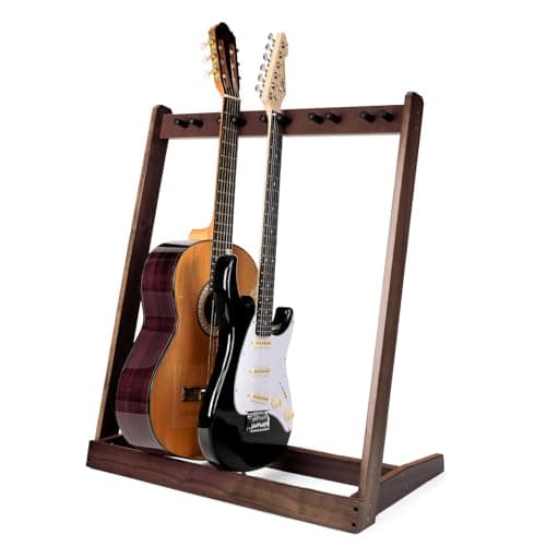Support de guitare pour plusieurs guitares, support de guitare en bois, avec fente pour médiator, pour 5 guitares acoustiques, 5 guitares électriques ou 5 basses, ou 4 boîtes de guitares - Pour la