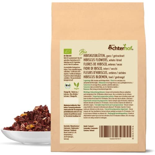 Fleurs d'hibiscus bio entièrement séchées 500g | goût légèrement acidulé et fruité | en qualité bio | thé à l'hibiscus doux et aromatique | idéal pour les salades, desserts, yaourts | vom Achterhof