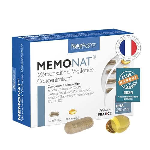 Laboratoire NaturAvignon Memonat | Mémoire court et long terme + protection contre le vieillissement cérébral | Ingrédients brevetés | 250mg d'Oméga3 DHA | Duo innovant capsule+gélule (15jours)