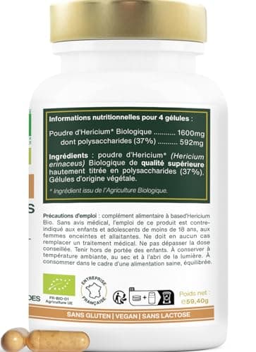 Hericium Erinaceus BIO | Champignon de la Mémoire | Hautement Dosé, 37% Polysaccharides | 120 gélules vegan | Lion’s Mane, Vegan, Sans Additifs | Qualité Supérieure | Fabriqué en France