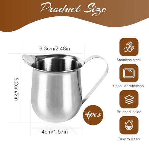 Bieiyhe 4 Pièces Pichet Lait Inox 90ml,Pot a Lait Avec PoignéE,Cruche de Lait Petite,Pichet Crémier Mini,Tasse à Sauce Acier,Milk Pitcher en Acier Inoxydable,Pichet pour Cappuccino pour Amateurs Café