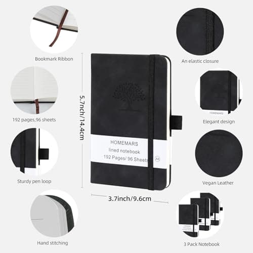 HOMEMARS Carnet de Notes, Petit Carnet, Petit Cahier, 3 Paquet, Cahier de Note, Carnet de Voyage, 14.4 cmx9.6cm, noir, 192 Pages Chacune, Couverture Rigide, Motif d'arbre en Relief, Cuir végétalien