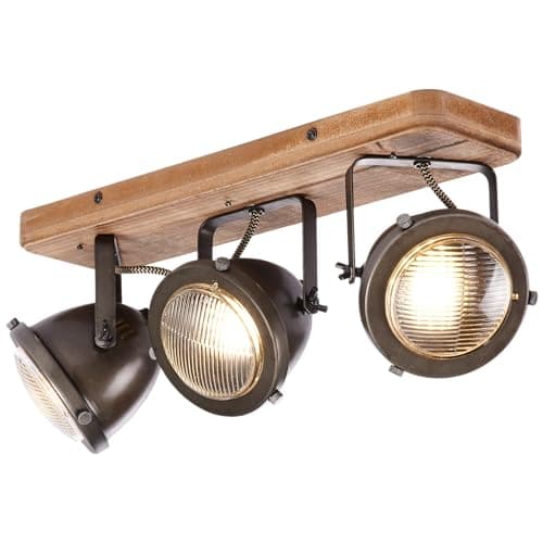 Lightbox 3 flammiger Deckenstrahler im Vintage Look - Industrial Deckenleuchte mit schwenkbaren Köpfen -aus Metall/Kiefernholz in Stahlfarben