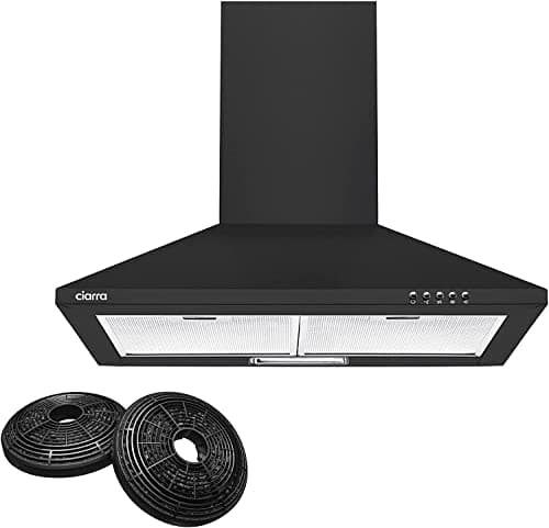 CIARRA CBCB6201 Hottes Aspirantes 60cm 370m3/h Class A++- Evacuation ou Recyclage - Filtres à Charbon INCLUS - 3 Niveaux de Vitesse - Hotte Murale - Noir