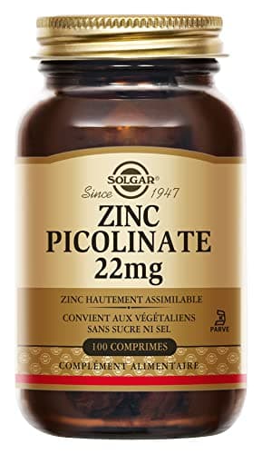 Solgar Zinc Picolinate 22mg - Défenses immunitaires - Zinc hautement assimilable - Nutriment Clé - Complément Alimentaire - Flacon de 100 comprimés