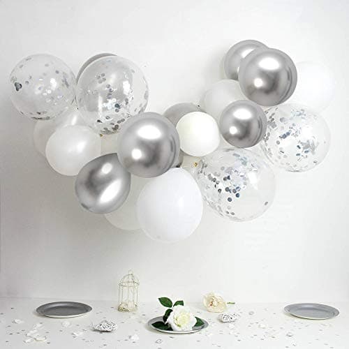 Ballon Blanc et Argent, 50 pièces 12 pouces Argent Confettis Ballons de Fête en Métal Chromé Argenté avec Ruban Argenté pour Décorations de Douche de bébé d'Anniversaire de Mariage