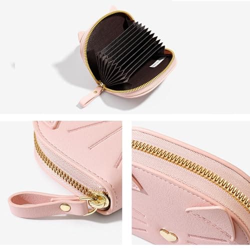 Porte Carte de Crédit Femmes, PU Cuir Porte-Cartes de Visite Protection RFID Portefeuille Porte Monnaie Fermeture Éclair Crédit Portefeuille avec 11 emplacements pour Cartes Women's Wallet,Rose Chaton