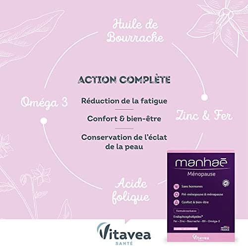 Vitavea Manhaé - Complément Alimentaire Ménopause et Pré-Ménopause Sans Hormones - pour Confort & bien-être - Acide Folique, Omega 3,Zinc,Fer - 30 gélules - Cure de 1 mois - Fabriqué en France