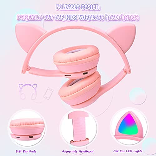 Casque pour Enfants sans FI, Megadream Casque Cat Pliable avec LED Flash Lumières Glow pour Enfants 8+, 3.5mm Jack, SD Carte Slot pour PC, Tablette, Smart Phone (Rose)
