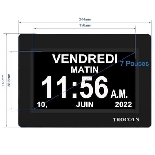 TROCOTN 7 Pouces Horloge numérique Horloge de Jour Grand écran réveil Horloge Murale (Noir)