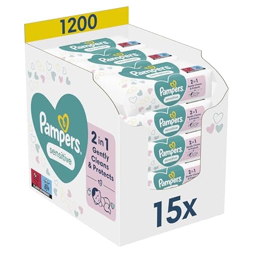 Pampers Sensitive, 1200 Lingettes pour Bébé (15x80), Sans Alcool ni Parfum, Certifié OEKO-TEX, Pour Une Toilette Douce Et Délicate