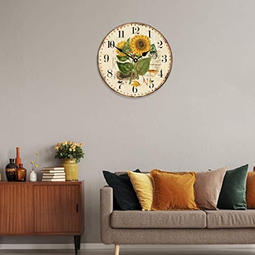 TAHEAT 20 cm L'été Tournesol Horloge Murale, Rétro Rustique Floral Fonctionnant sur Batterie Horloges, en Bois Décoratif Lisible pour la Maison/Bureau/École/Bar