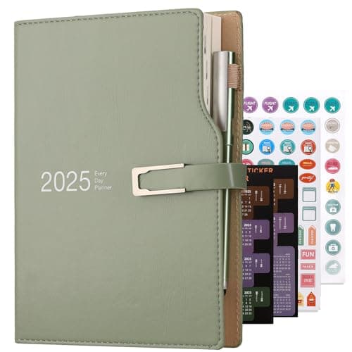 Agenda académique 2025 - Format A5 - Un jour par page - Avec autocollants calendrier - Avec porte-stylo et stylo - Papier épais de qualité supérieure - 14 x 21,5 cm (vert)