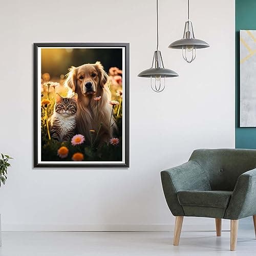 Diymood 5D Kit Complet de Broderie Diamant Chats - Peinture Diamant Chiens Rond Point de Croix - Décoration Murale pour Chambre, DIY Diamond Painting Maison 30x40cm