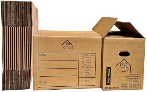 Lot 20 Cartons de Déménagement - Fabricant Français - Résistance Extrême 25 kg - Grosse Épaisseur avec Poignées Renforcées - Réutilisable - 50 x 30 x 30 cm - LPVS