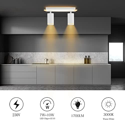 URing Plafonnier LED 2 Spot, Spots de plafond Plafonnier Pivotants & Orientables, Éclairage LED luminaire avec lueur inférieure 7W+ 2x 5W GU10 1700LM, Blanc Chaud 3000K pour Cuisine Salon, Blanc mat