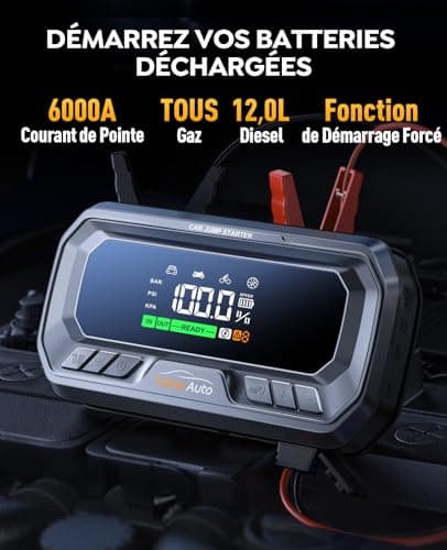 Booster Batterie Voiture avec Compresseur 6000A 160PSI YaberAuto Booster Batterie Moto avec 65W Charge Rapide (Tous Gaz/12,0L Diesel),Démarreur avec Gonfleur,Câble Rallongé,Grand Écran et Lumière LED