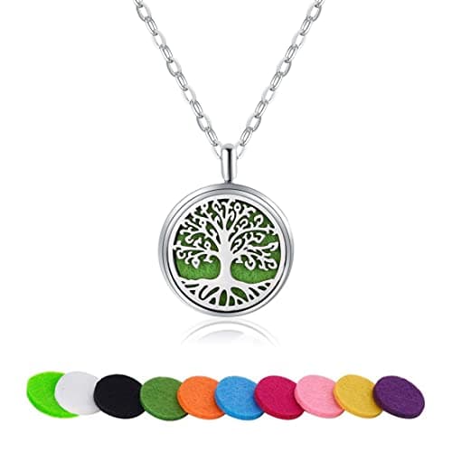 Diffuseur Huiles Essentielles Colliers, Bijoux Aromathérapie Pendentif Arbre De La Vie Collier Aromatherapie Femme,Aromathérapie Huile essentielle Diffuseur Pendentif Collier, avec 10 Patins en feutre