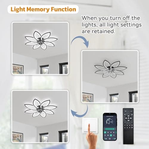 Lustre Ventilateur de Plafond, Ventilateur Plafond avec Lumiere Silencieux, Plafonnier Ventilateur Fleur Design Moderne, Dimmable, Fonction Mémoire, 6 Vitesses, Moteur DC, Réversible Eté Hiver, Nero