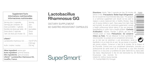 Lactobacillus Rhamnosus GG - Probiotique - Equilibre Microbiote et Flore intestinale - Booste le système immunitaire - Stimule la production des Lactobacillus - 60 gélules - Vegan - Supersmart