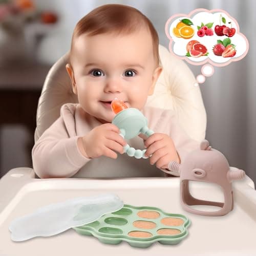 WEST STORY Tetine Grignoteuse Bébé, Tetine Fruits Bebe en Silicone, Inclus Bébé Food Rangement Nourriture, 2 Grignoteuse 3 Tailles de Tétines pour Bébé de 3~24 Mois, Jouets de dentition (Vert & Rose)