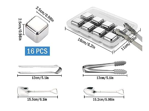 Hitopin Glaçons en Acier Inoxydable, 16PCS Glacons Réutilisables, Glaçons Whisky, avec Clips+Cuillère, Whisky en Acier Inoxydable Glaçons, pour Refroidissement du Vodka Vin Bière Whisky Cocktail