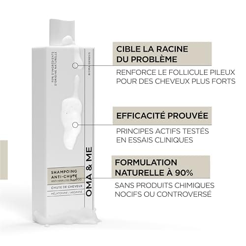 OMA & ME Shampoing Antichute - Diminue la Chute des Cheveux, Favorise la Pousse et Améliore la Densité Capillaire - Soin Cheveux 90% d'Ingrédients d'Origine Naturelle, Fabriqué en France - 250ml