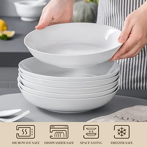 MALACASA Série REGULAR Assiettes à Pâtes en Porcelaine 1200ml, Grand Assiettes Creuses Blanches pour Salade Soupe Pâtes Macaronis, 6 Bols à Pâtes