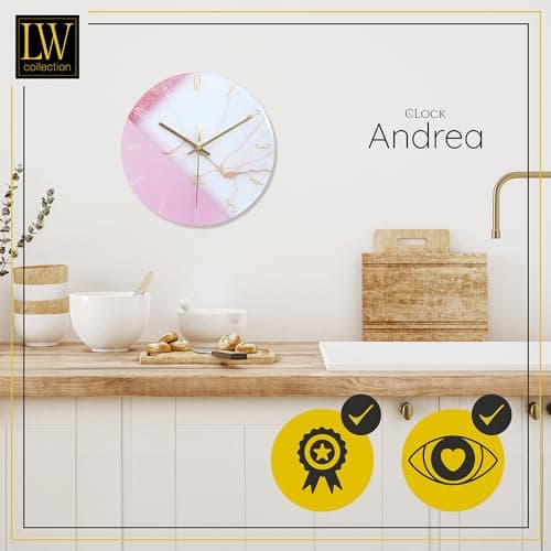 LW Collection Horloge Murale Verre Marbre Andrea Blanc Rose 30 cm - Petite Horloge - Horloge Murale Silencieuse - Horloge de Cuisine Mouvement Silencieux