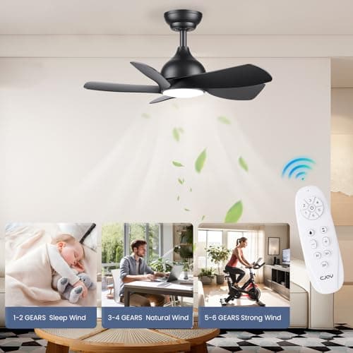 CJOY 76cm Noir Ventilateur de Plafond avec Lumiere et Télécommande, Ventilateur de Plafond Réversibles DC 5 Pales, Ventilateur Plafond Silencieux Dimmable, 6 Vitesses, pour Chambre à Coucher, Salon