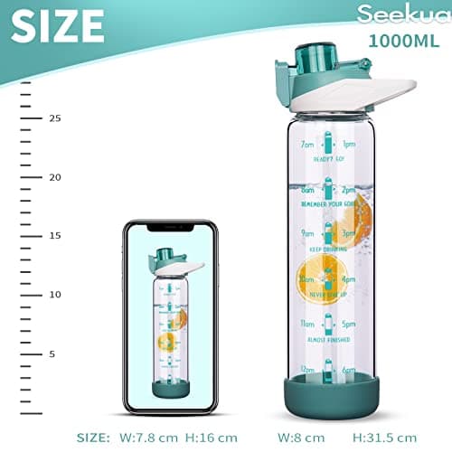 Seekua 1l Sport Gourde Verre avec Paille & Heure de Motivation 1 litre grande Bouteille d'eau Verre Réutilisable sans BPA avec Marqueur de Temps