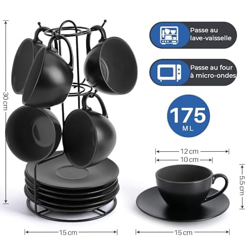 MIAMIO - 6 x 175 ml Ensemble Tasse Cappuccino - Tasses à cappuccino à parois épaisses en faïence - tasse a cafe - tasse cappuccino - service a cafe - tasse à café - Collection Le Papillon (Noir)
