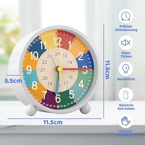 Idota Réveil analogique pour enfant - Sans tic-tac - Avec sonnerie douce - Réveil d'apprentissage - Avec veilleuse - Réveil pour fille et garçon - Pour la rentrée scolaire - Fonctionne avec piles