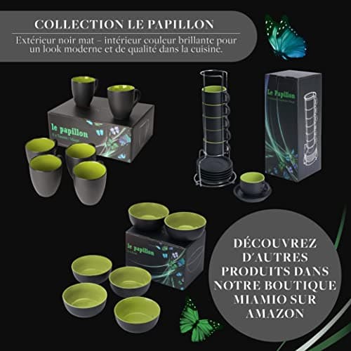 MIAMIO - 6 x 350 ml Tasse à café en grès/Ensemble de tasses Le Papillon Collection (Noir-Vert)