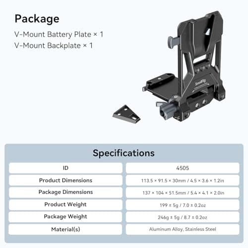 SMALLRIG Plaque de Batterie V-Mount, Plaque de Montage de Batterie V Lock avec Trous Filetés 1/4"-20 et 3/8"-16, Plaque de Batterie Compacte et Pliable en Forme de L sans Outil - 4505
