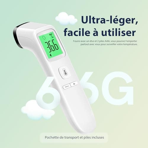 Thermomètre Frontal Sans Contact, Thermometre Bebe, Thermomètre Médical Numérique Infrarouge pour Adultes, Lecture Précise avec Ecran LCD, Mode Muet, Rappel de Mémoire (Blanche)