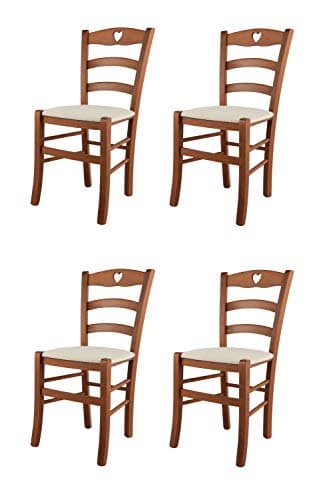 Tommychairs - Set 4 Chaises Cuore pour Cuisine, Bar et Salle à Manger, Robuste Structure en Bois de hêtre peindré en Cerisier et Assise rembourrée et revêtue en Tissu Couleur Ivoire