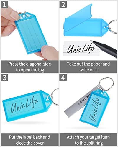 Uniclife 20 Pièces Porte Clés Porte Clef en Plastique de 5 cm avec Étiquettes en Papier Vierge Lignées Couvercles Transparents et Anneaux Fendus Identificateurs d'articles Robustes, 8 couleurs