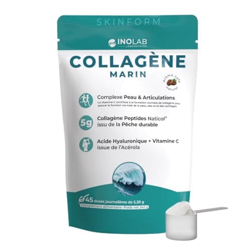 INOLAB Collagène Marin 2000 Da | 45 Doses de 5 g/jour | Collagène Français Breveté Naticol | Acide Hyaluronique + Acérola Bio | Arôme Naturel Café | Peau Élastique Hydratée & Articulations