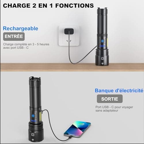 Lampe Torche LED Ultra Puissante, 100 000 Lumens Lampe Torche LED Rechargeable, 7 Modes Super Lumineuse, Longue Durée, IPX7 Étanche Idéal Pour Camping, Randonnée Et Urgences