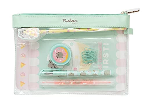 Grupo Erik - Set De Papeterie Pusheen Foodie Collection | Inclut : 1 Stylo Gel, 1 Surligneur, 1 Crayon De Papier, 1 Carnet A5, 1 Taille-Crayon, 8 Trombones, Trousse | Fournitures Scolaires Kawaii